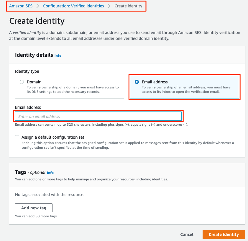 AWS SES console - Create identity