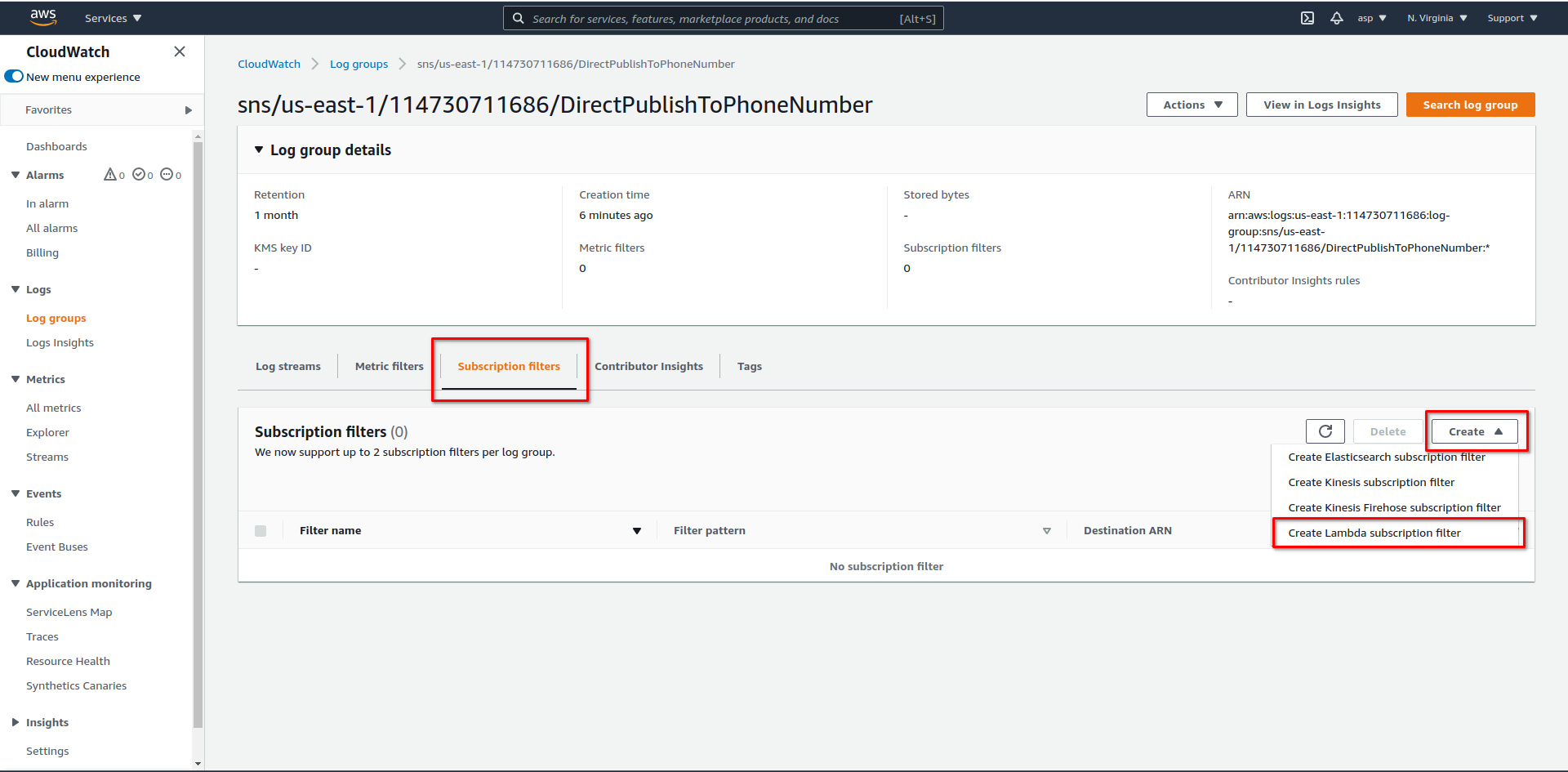 AWS CloudWatch Console - Create Lambda subscription filter