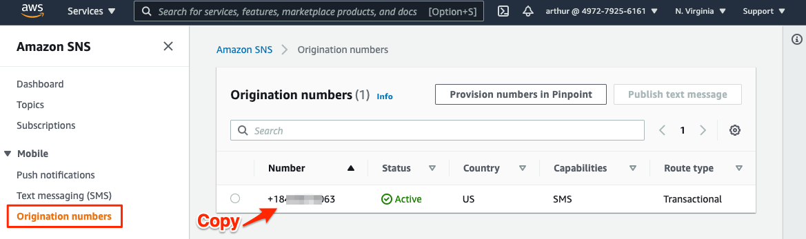 AWS SNS Console - Origination numbers